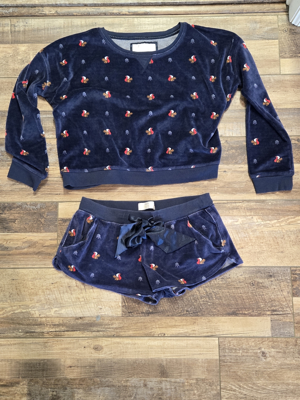 Abercrombie & Fitch Velour Squirrel & Tree Pajama Set - Navy Blue Y2K
